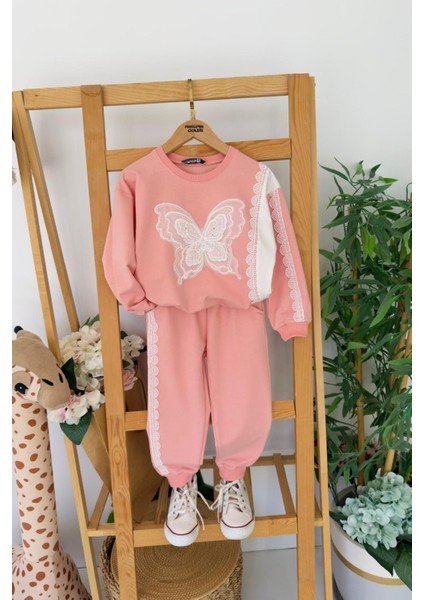 Kelebek Taş Işlemeli Kız Çocuk Fistolu 2 li takım - Somon