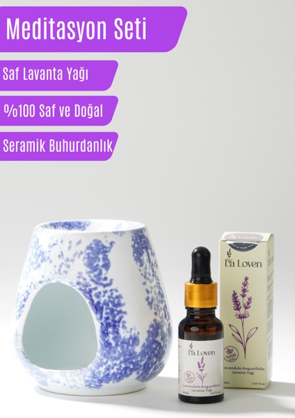 Meditasyon Ikilisi | Lavanta Yağı ve Mavi Desenli Buhurdanlık | %100 Doğal |20ML