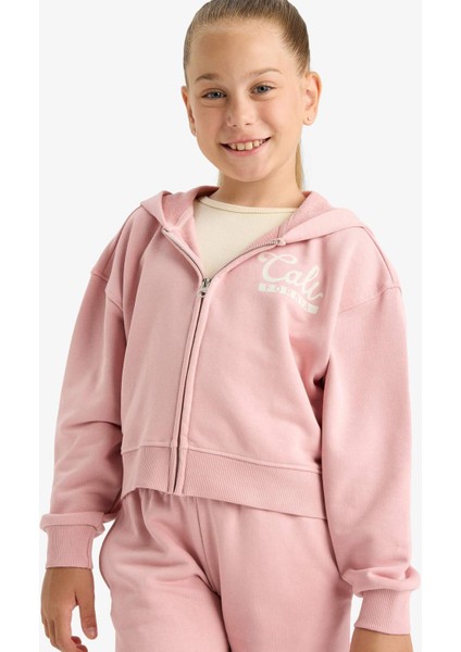 Kız Çocuk 2'li Takım Baskılı Kapüşonlu Fermuarlı Sweatshirt Eşofman Altı E6417A825AU