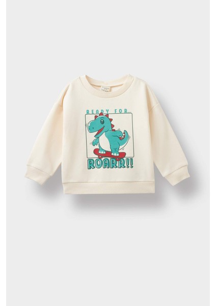 Erkek Bebek Bisiklet Yaka Dinozor Baskılı İçi Yumuşak Tüylü Sweatshirt E9230A525AU