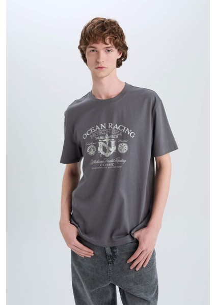 %100 Pamuk Regular Fit Bisiklet Yaka Baskılı Kısa Kollu Tişört E3430AX25HS