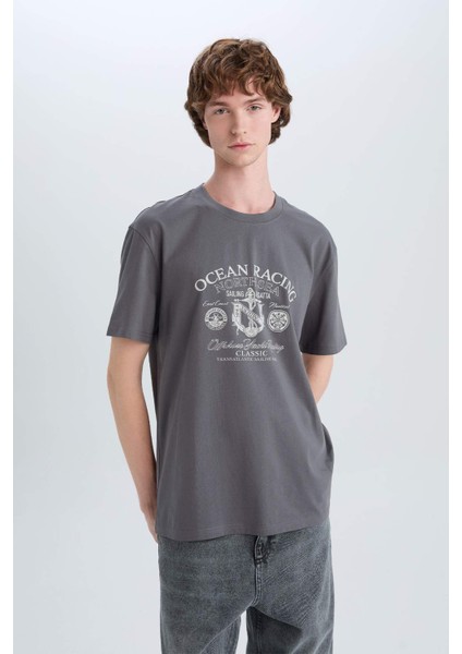 %100 Pamuk Regular Fit Bisiklet Yaka Baskılı Kısa Kollu Tişört E3430AX25HS fırsatları