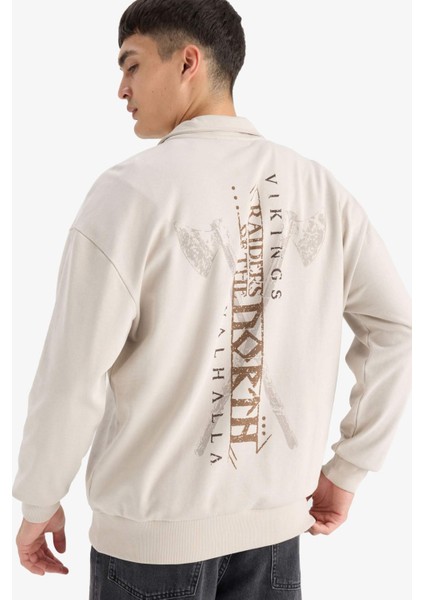 Vikings Valhalla Boxy Fit Dik Yaka Fermuarlı Sırt Baskılı Sweatshirt E9298AX25AU