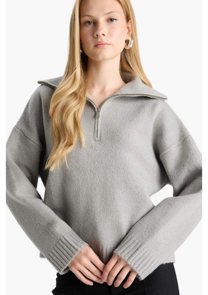 Oversize Geniş Kalıp Yarım Fermuarlı Dik Yaka Triko Kazak A8180AX25WN