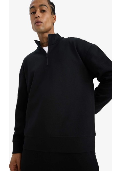Boxy Fit Dik Yaka Yarım Fermuarlı Skuba Dalgıç Kumaş Sweatshirt E9363AX25AU