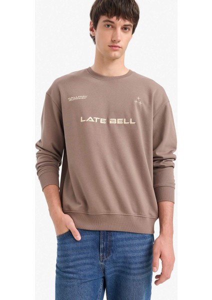 %100 Pamuk Boxy Fit Bisiklet Yaka Nakışlı Sweatshirt F0117AX25AU