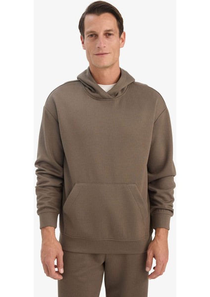 Boxy Fit Kapüşonlu Kanguru Cepli Jakarlı Sweatshirt E9308AX25AU modelleri