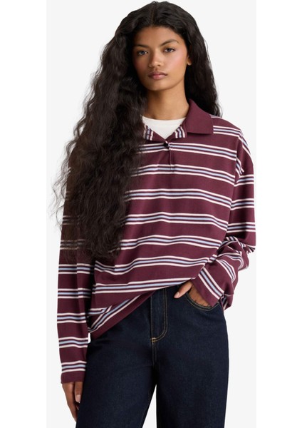 Relax Fit Polo Yaka Çizgili Sweatshirt fırsatları