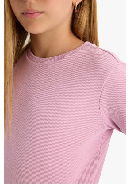 Kız Çocuk Okula Dönüş Slim Fit Dar Kesim Bisiklet Yaka Fitilli Kaşkorse 2'li Uzun Kollu Tişört E6485A825AU