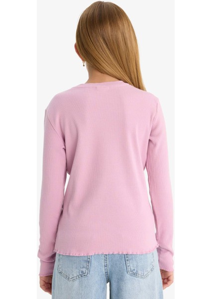 Kız Çocuk Okula Dönüş Slim Fit Dar Kesim Bisiklet Yaka Fitilli Kaşkorse 2'li Uzun Kollu Tişört E6485A825AU