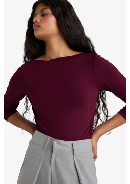 Slim Fit Dar Kesim Kayık Yaka Uzun Kollu Tişört F9029AX25AU modelleri