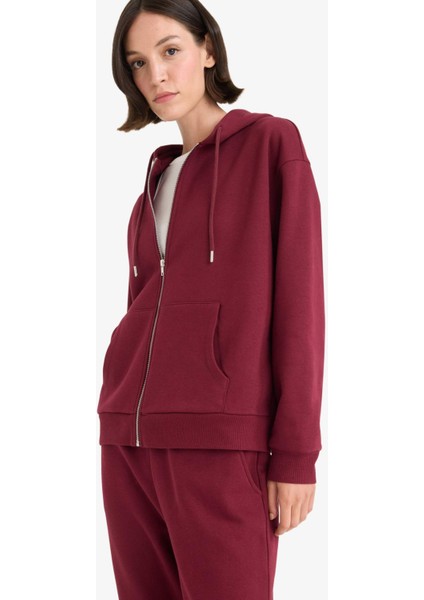 Relax Fit Kapüşonlu Basic Düz Kalın Fermuarlı Sweatshirt C1809AX25AU fırsatları