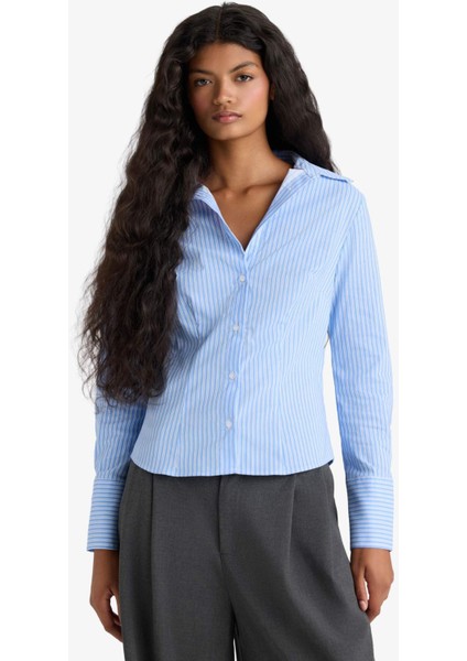 Fitted Çizgili Bengalin Uzun Kollu Gömlek G0224AX25AU modelleri