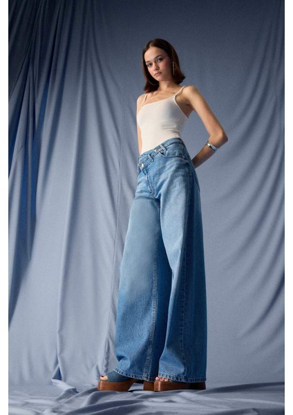 Wide Leg Yüksek Bel Uzun Jean Yıkamalı Pantolon F5523AX25AU