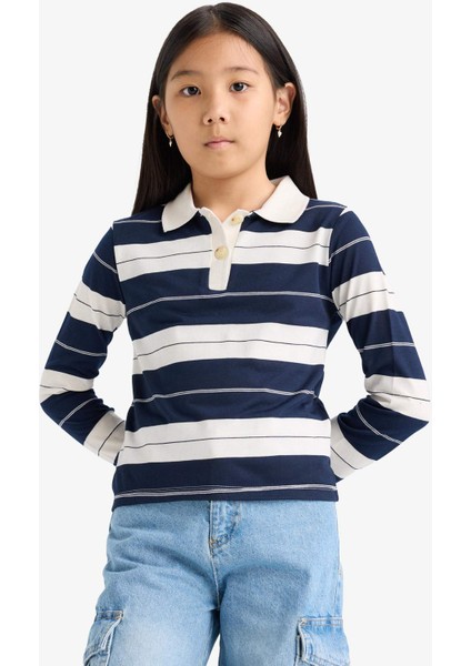Kız Çocuk Fitted Polo Yaka Çizgili Uzun Kollu Tişört F2253A825AU modelleri