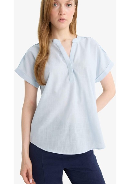 Regular Fit Bisiklet Yaka Flamlı Pamuk Kısa Kollu Bluz F1635AX25AU