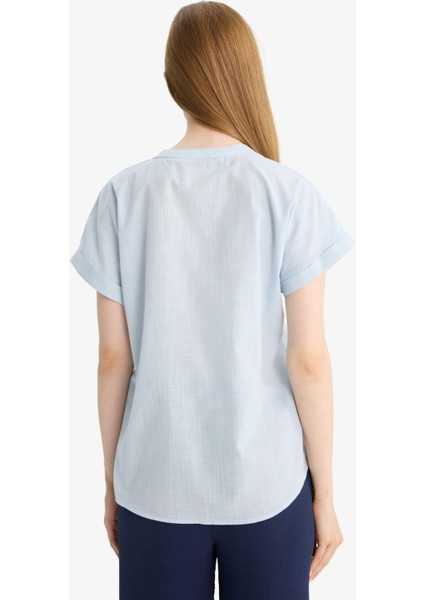 Regular Fit Bisiklet Yaka Flamlı Pamuk Kısa Kollu Bluz F1635AX25AU