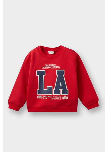 Erkek Bebek Bisiklet Yaka Baskılı İçi Yumuşak Tüylü Sweatshirt