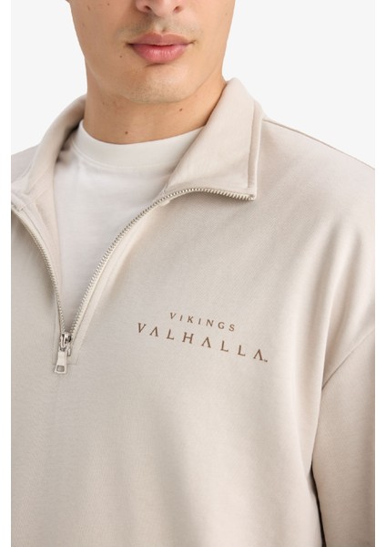 Vikings Valhalla Boxy Fit Dik Yaka Fermuarlı Sırt Baskılı Sweatshirt E9298AX25AU
