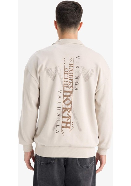 Vikings Valhalla Boxy Fit Dik Yaka Fermuarlı Sırt Baskılı Sweatshirt E9298AX25AU