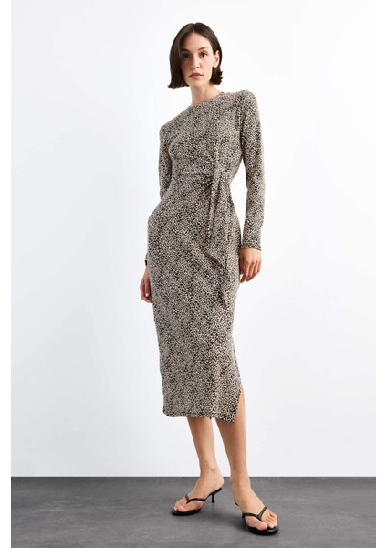 Leopar Desenli Twill Uzun Kollu Midi Elbise G0737AX25SM