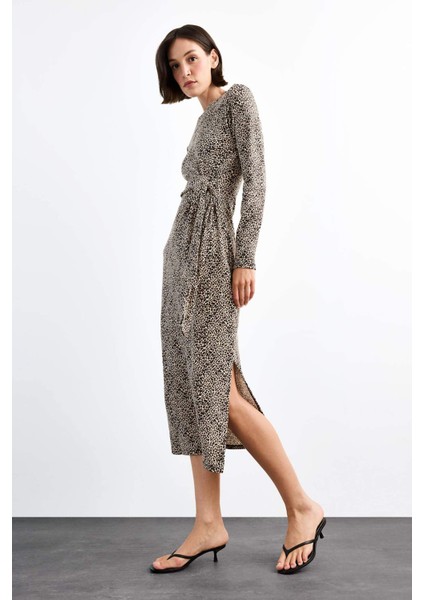Leopar Desenli Twill Uzun Kollu Midi Elbise G0737AX25SM fiyatları