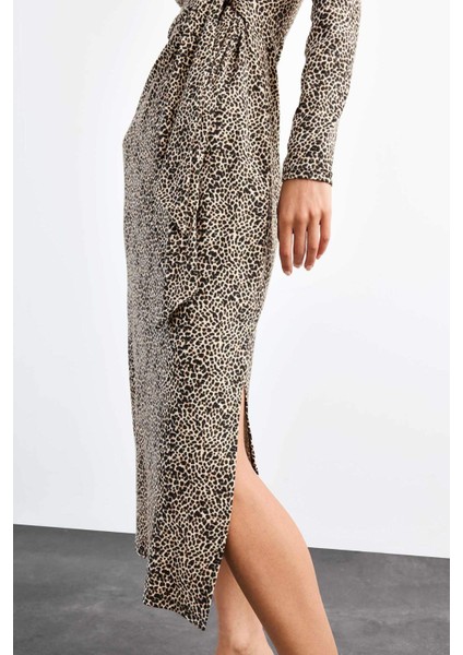 Leopar Desenli Twill Uzun Kollu Midi Elbise G0737AX25SM modelleri