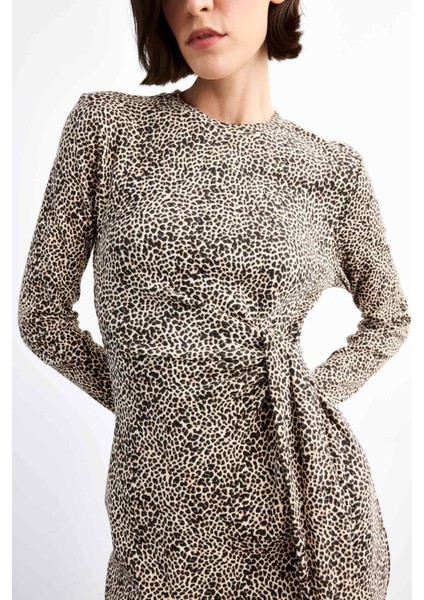 Leopar Desenli Twill Uzun Kollu Midi Elbise G0737AX25SM fırsatları