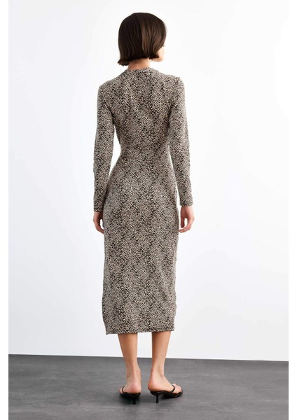 Leopar Desenli Twill Uzun Kollu Midi Elbise G0737AX25SM indirimleri