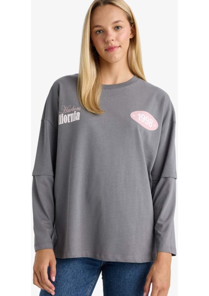 Loose Fit Bisiklet Yaka Sırt Baskılı Uzun Kollu Tişört F8914AX25AU modelleri