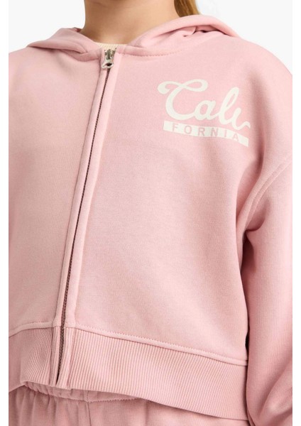 Kız Çocuk 2'li Takım Baskılı Kapüşonlu Fermuarlı Sweatshirt Eşofman Altı E6417A825AU