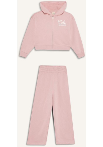 Kız Çocuk 2'li Takım Baskılı Kapüşonlu Fermuarlı Sweatshirt Eşofman Altı E6417A825AU