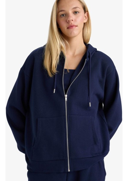 Relax Fit Kapüşonlu Basic Düz Kalın Fermuarlı Sweatshirt C1809AX25AU