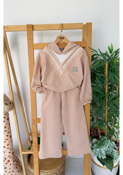 Kapüşonlu Triko Yaka Detaylı A Taş Işleme Kız çocuk takım - Bej