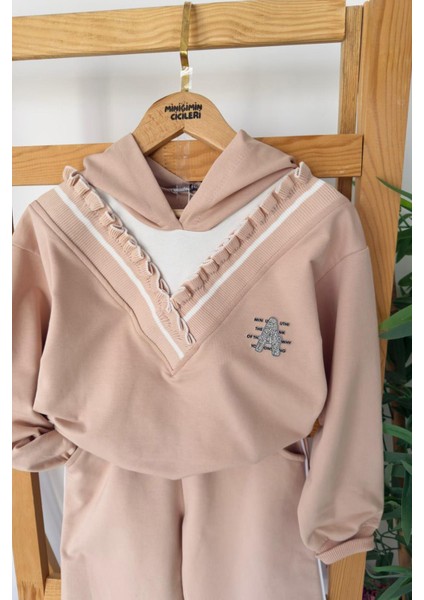 Kapüşonlu Triko Yaka Detaylı A Taş Işleme Kız çocuk takım - Bej fiyatları