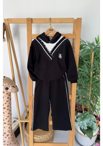 Kapüşonlu Triko Yaka Detaylı A Taş Işleme Kız çocuk takım - Siyah