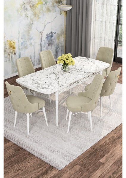 Mona Beyaz Mermer 80X132 Açılabilir Mdf Masa Yemek Odası Takımı, Mutfak Takımı 6 Adet Sandalye fiyatları