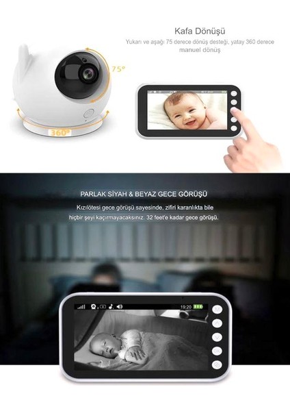 Full hd Bebek Kamerası 2.4 ghz Wireless, 360° Dönen Ptz Gece Görüş, Monitörlü Interkom Özellikli modelleri