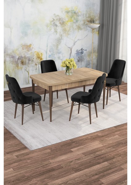 Mona Meşe Desen 80X132 Açılabilir Mdf Masa Yemek Odası Takımı, Mutfak Takımı 4 Adet Sandalye