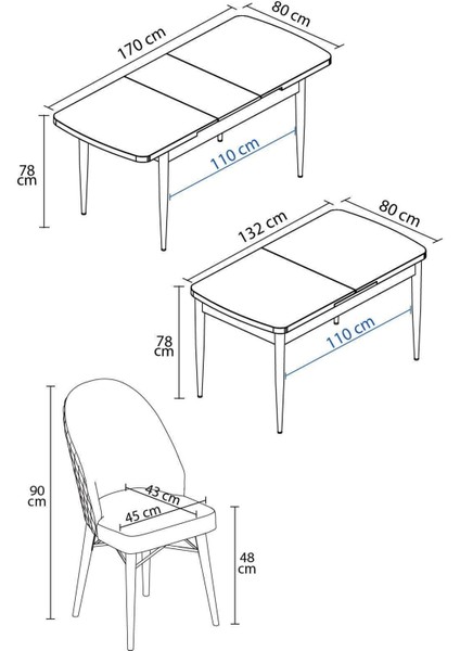 Mona Meşe Desen 80X132 Açılabilir Mdf Masa Yemek Odası Takımı, Mutfak Takımı 4 Adet Sandalye