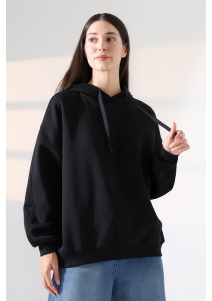 Relax Rahat Kesim Kapşonlu Salaş Oversize Kolları Geniş Basic Kadın Sweatshirt 21966 Siyah