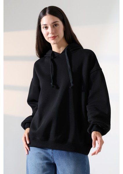 Relax Rahat Kesim Kapşonlu Salaş Oversize Kolları Geniş Basic Kadın Sweatshirt 21966 Siyah fiyatları