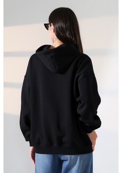 Relax Rahat Kesim Kapşonlu Salaş Oversize Kolları Geniş Basic Kadın Sweatshirt 21966 Siyah fırsatları