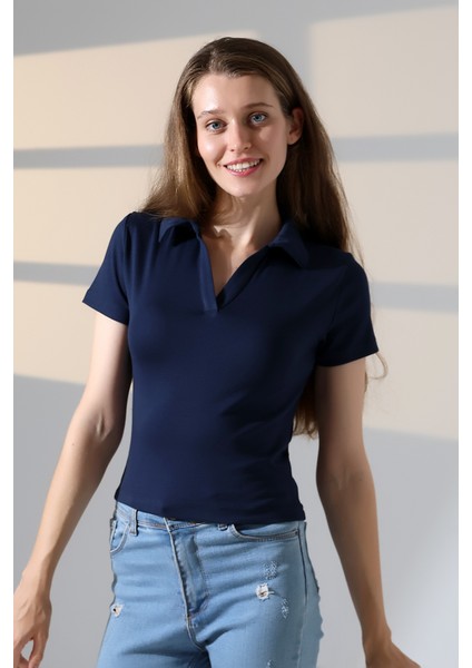 Relax Fit Rahat Kesim Pamuklu Ribana Gömlek Yaka Kısa Kol Basic Kadın Tshirt 22023 Lacivert