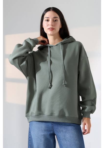 Relax Rahat Kesim Kapşonlu Salaş Oversize Kolları Geniş Basic Kadın Sweatshirt 21966 Haki