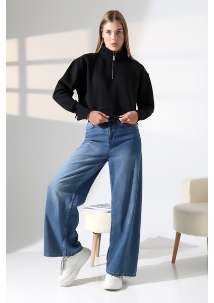 Relax Rahat Salaş Geniş Kesim Yarım Fermuarlı Dik Yaka Yanları Yırtmaçlı Pamuklu Kadın Sweatshirt 21967 Siyah