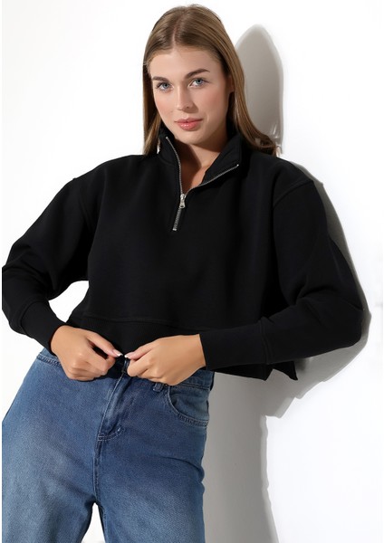 Relax Rahat Salaş Geniş Kesim Yarım Fermuarlı Dik Yaka Yanları Yırtmaçlı Pamuklu Kadın Sweatshirt 21967 Siyah modelleri