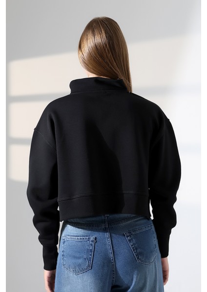 Relax Rahat Salaş Geniş Kesim Yarım Fermuarlı Dik Yaka Yanları Yırtmaçlı Pamuklu Kadın Sweatshirt 21967 Siyah fırsatları
