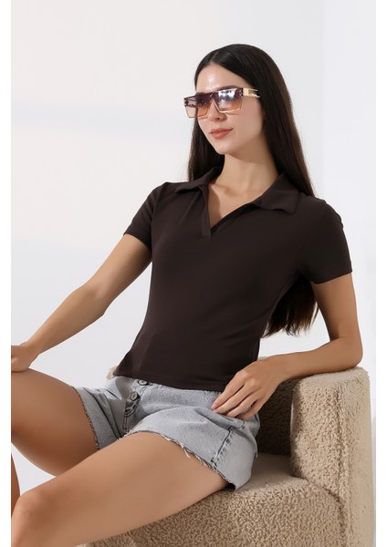 Relax Fit Rahat Kesim Pamuklu Ribana Gömlek Yaka Kısa Kol Basic Kadın Tshirt 22023 Kahve modelleri