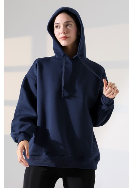 Relax Rahat Kesim Kapşonlu Salaş Oversize Kolları Geniş Basic Kadın Sweatshirt 21966 Lacivert modelleri